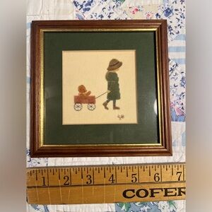 Framed gouache Girl and Teddy Bear